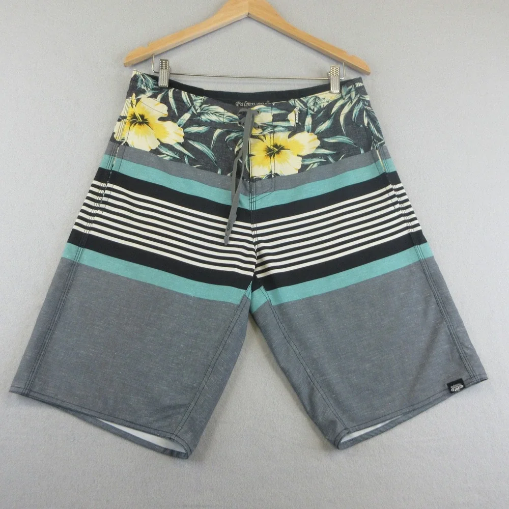 Palmwave Board Shorts Men 32 Gray‎ Teal Floral Striped Pockets Stretch Surf Swim